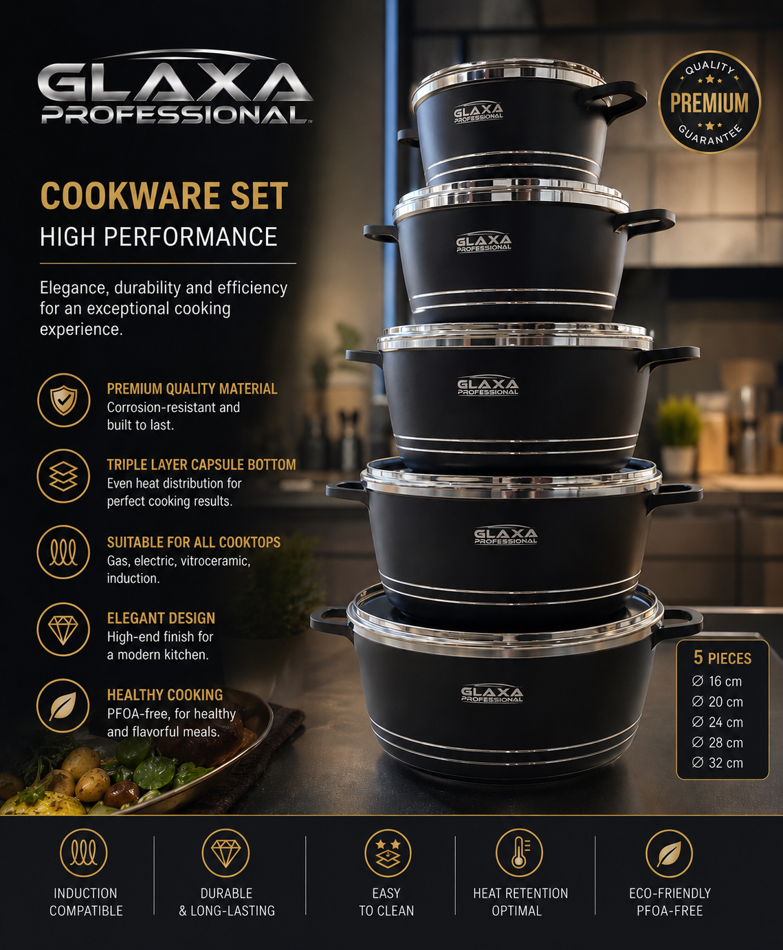 Glaxa Professionnel Black Cookware Sets Hallstarz Diffusion