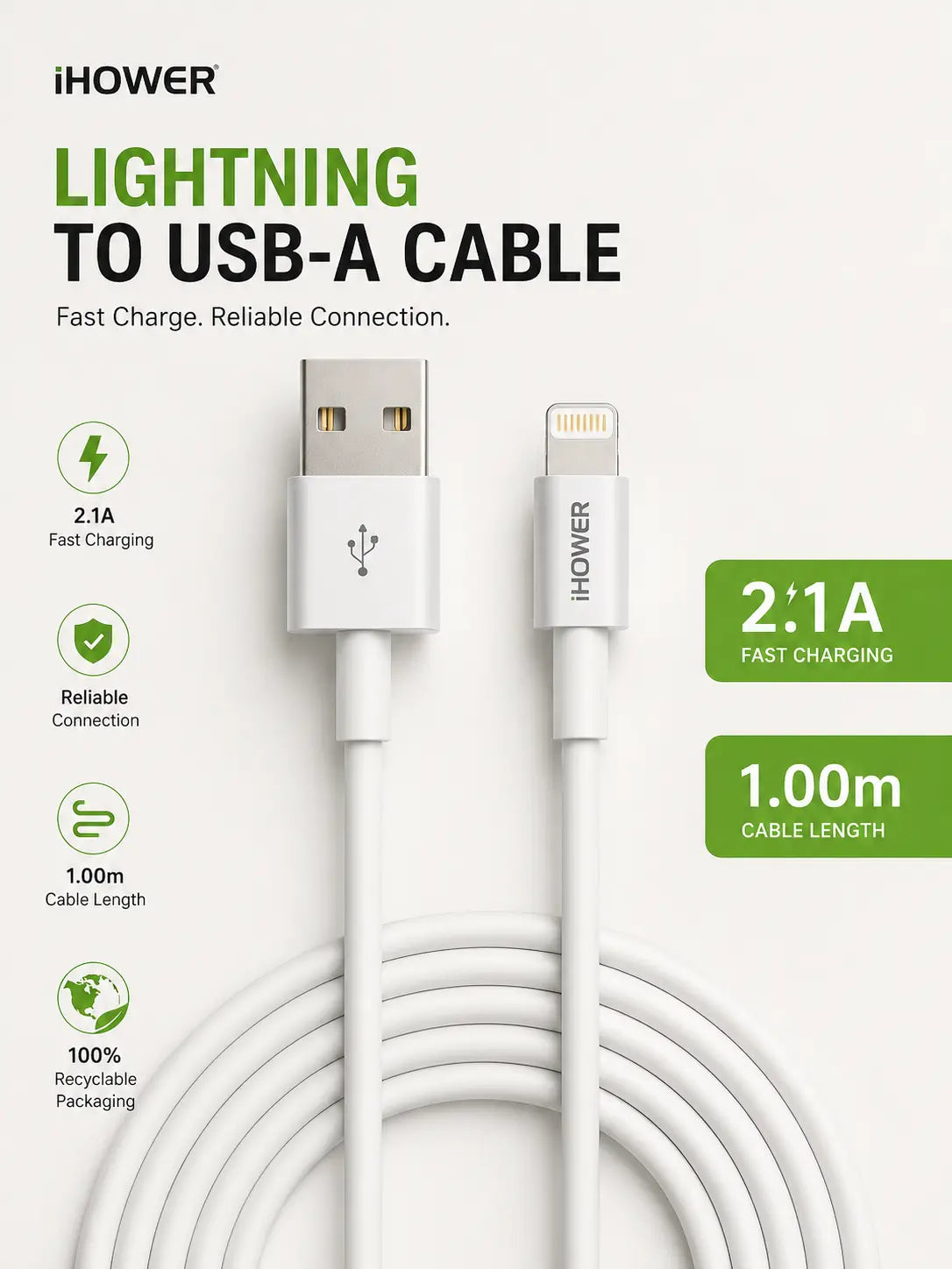 iHower Lightning to USB-A Cable (1m, 2.1A Fast Charge) Krystal Distribution