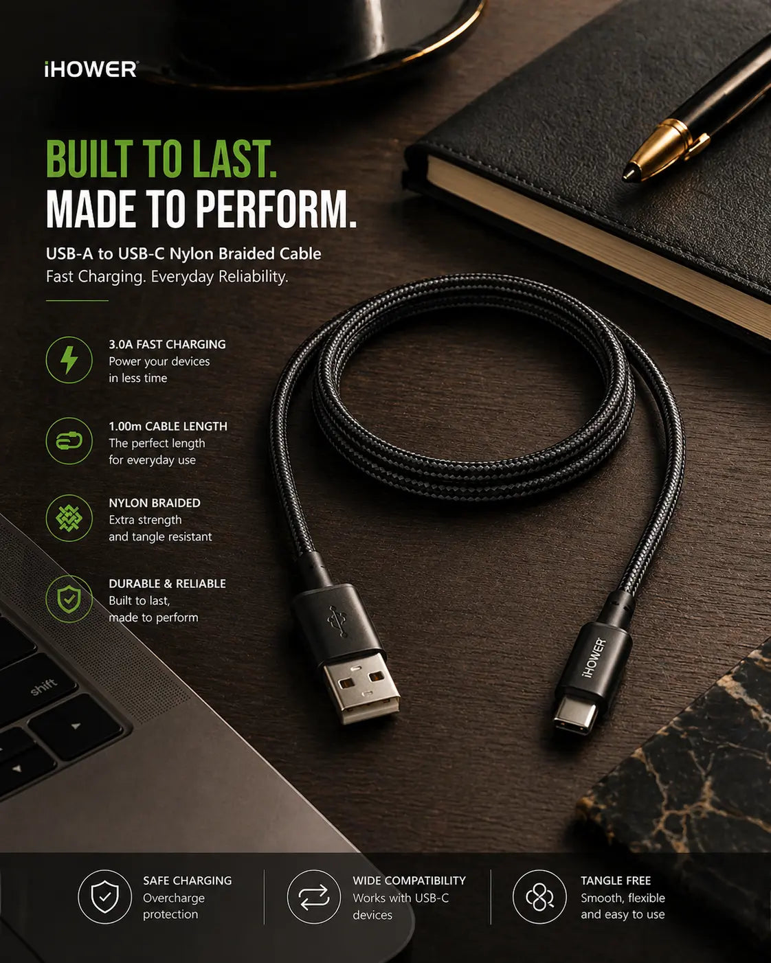 iHower USB-A to USB-C Cable (3.0A Nylon, 1.00m) Krystal Distribution