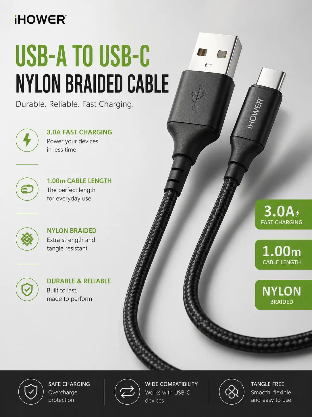 iHower USB-A to USB-C Cable (3.0A Nylon, 1.00m) Krystal Distribution