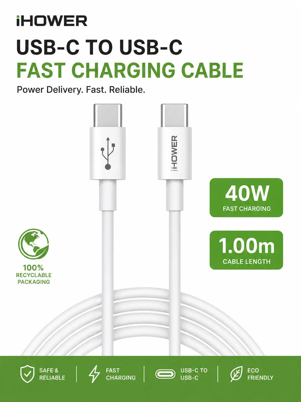 iHower USB-C to USB-C Cable (40W, 1.00m) Krystal Distribution