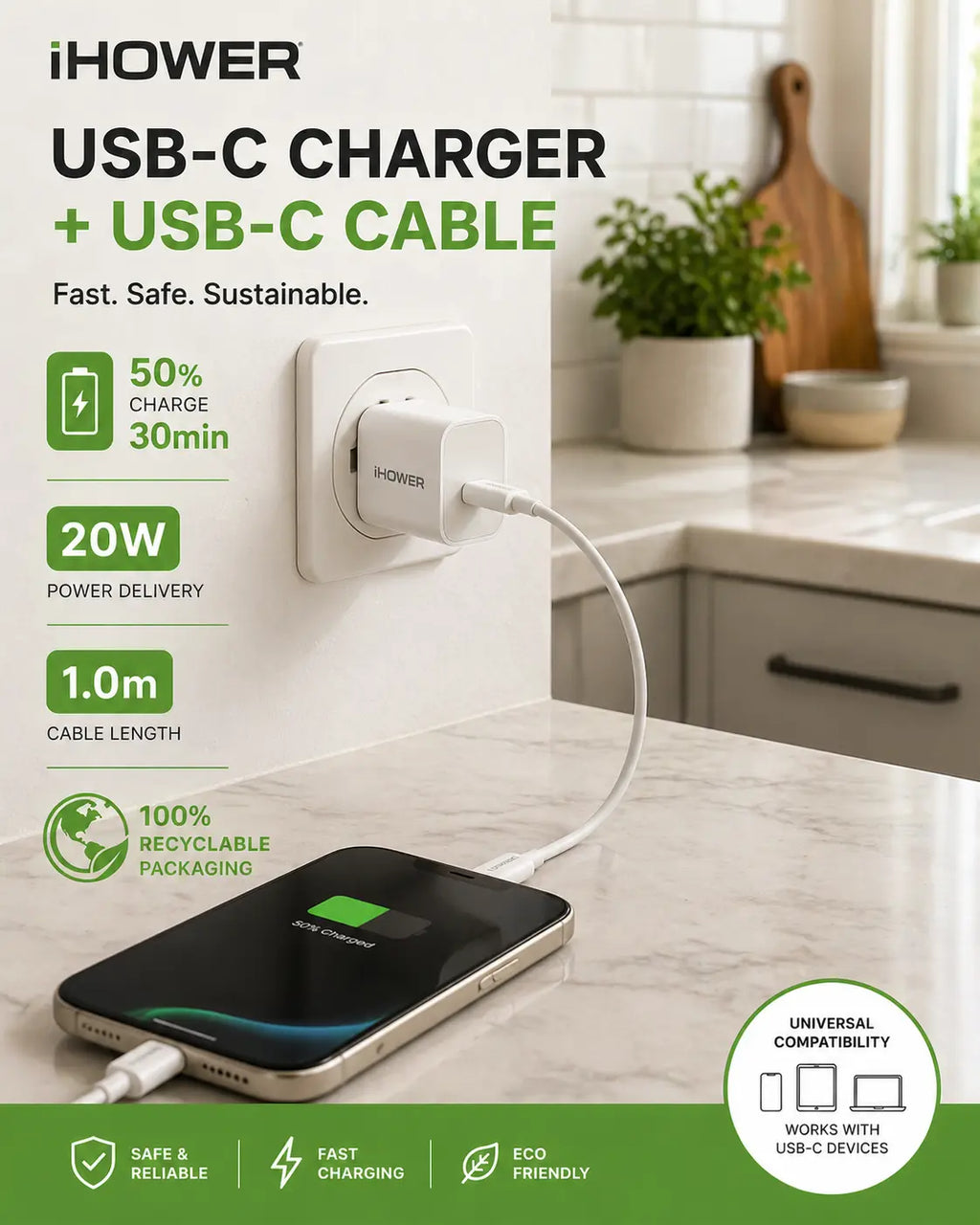 iHower USB-C Charger + USB-C Cable Kit (20W, 1.00m) Krystal Distribution