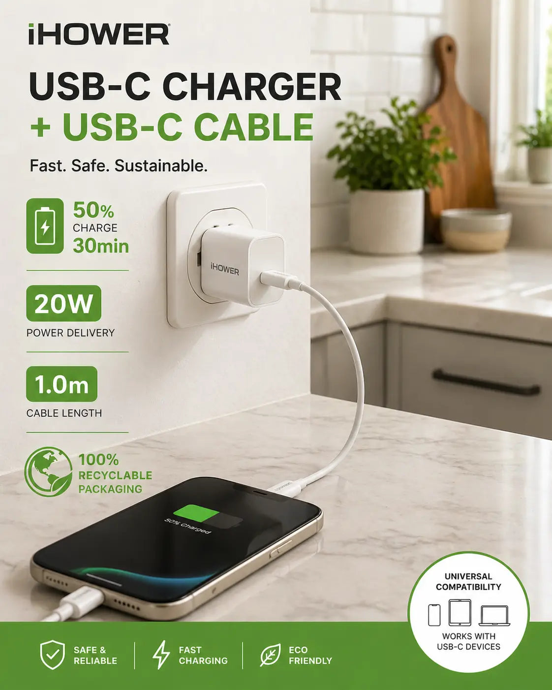 iHower USB-C Charger + USB-C Cable Kit (20W, 1.00m) Krystal Distribution