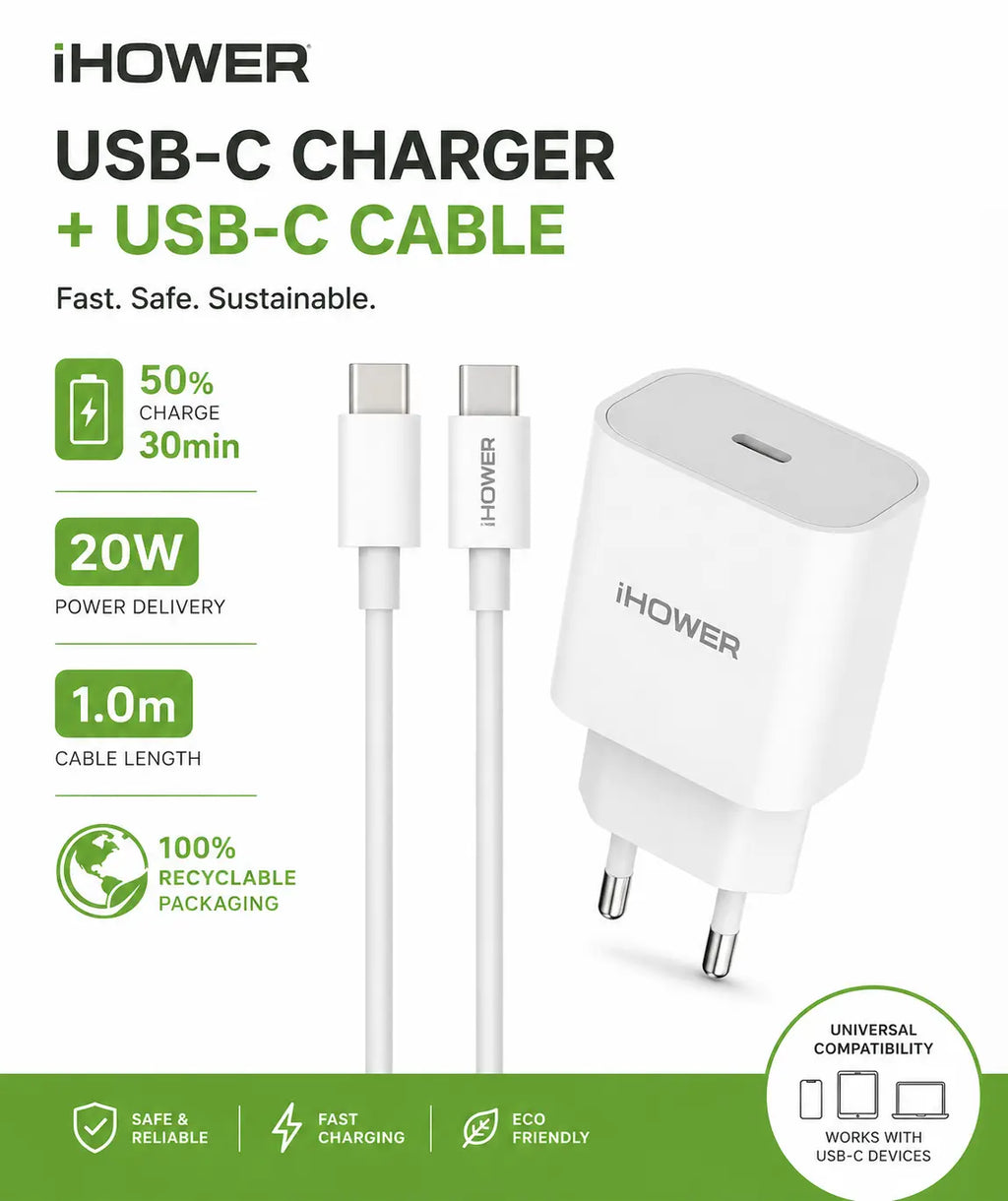 iHower USB-C Charger + USB-C Cable Kit (20W, 1.00m) Krystal Distribution