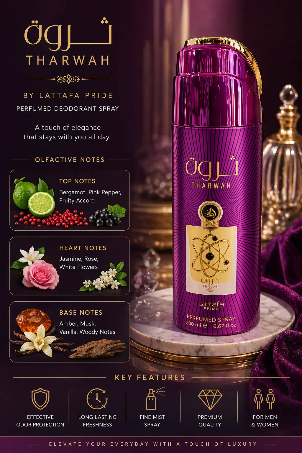 Lattafa Tharwah Perfumed Spray 200ml Hallstarz Diffusion