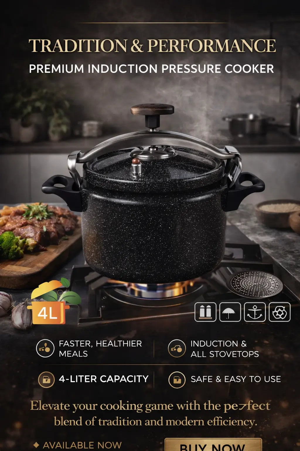 Luxury 4L Black Aluminum Pressure Cooker Krystal Distribution