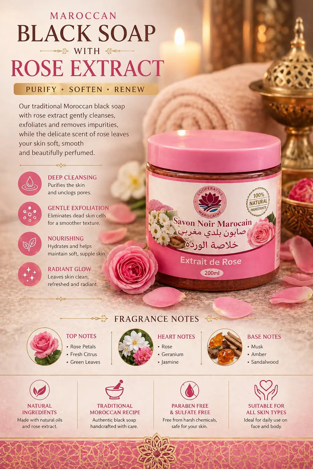 Ève Rose Moroccan Black Soap Rose Extract 200g Krystal Distribution