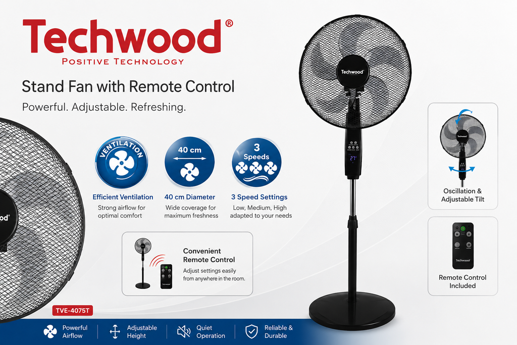 Techwood Modern Stand Fan Black Hallstarz Diffusion