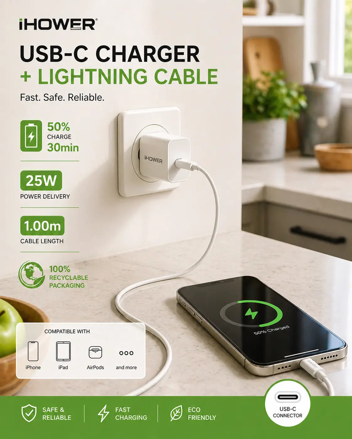 iHower USB-C Charger + Lightning Cable Kit (25W, 1.00m) Krystal Distribution