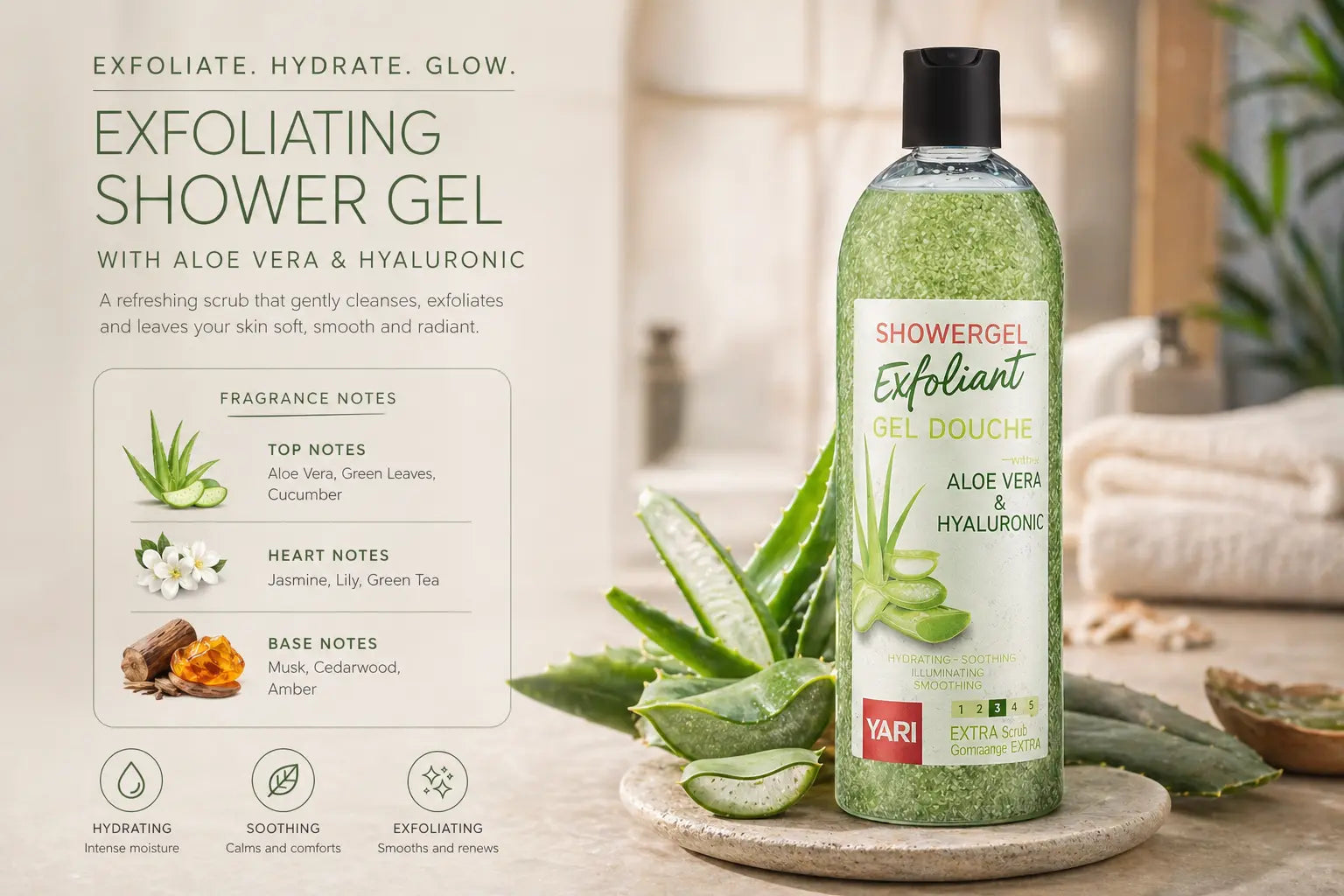Yari Aloe Vera & Hyaluronic Acid Exfoliating Shower Gel 1L Krystal Distribution