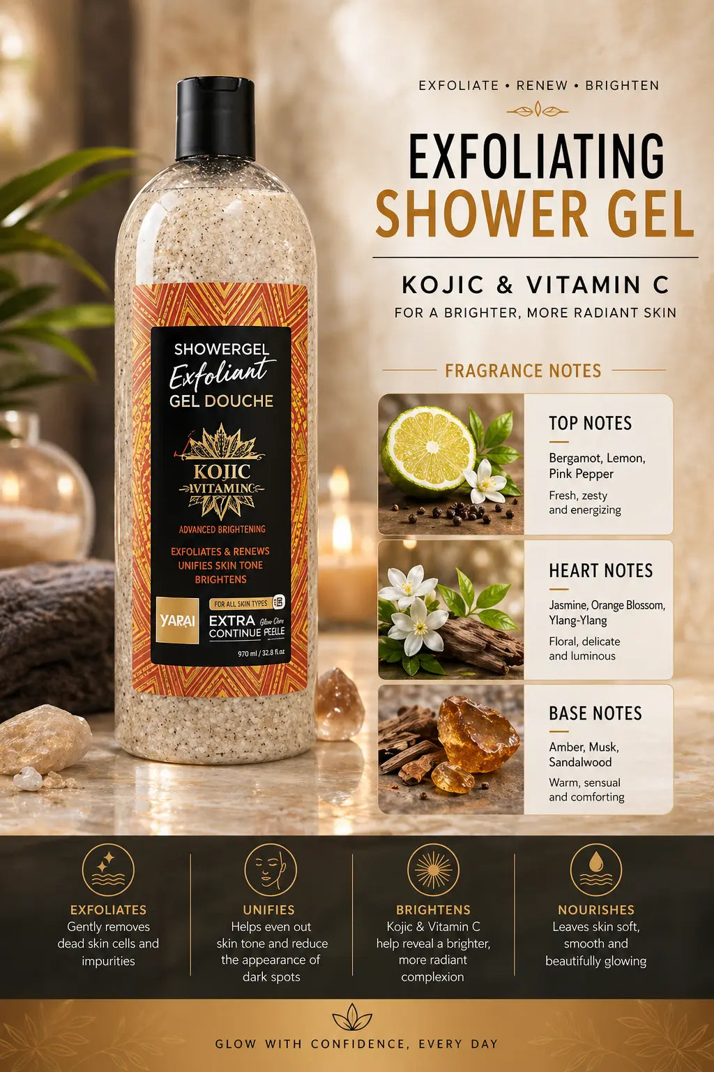 Yari Kojic Vitamin C Exfoliating Shower Gel 1L Krystal Distribution