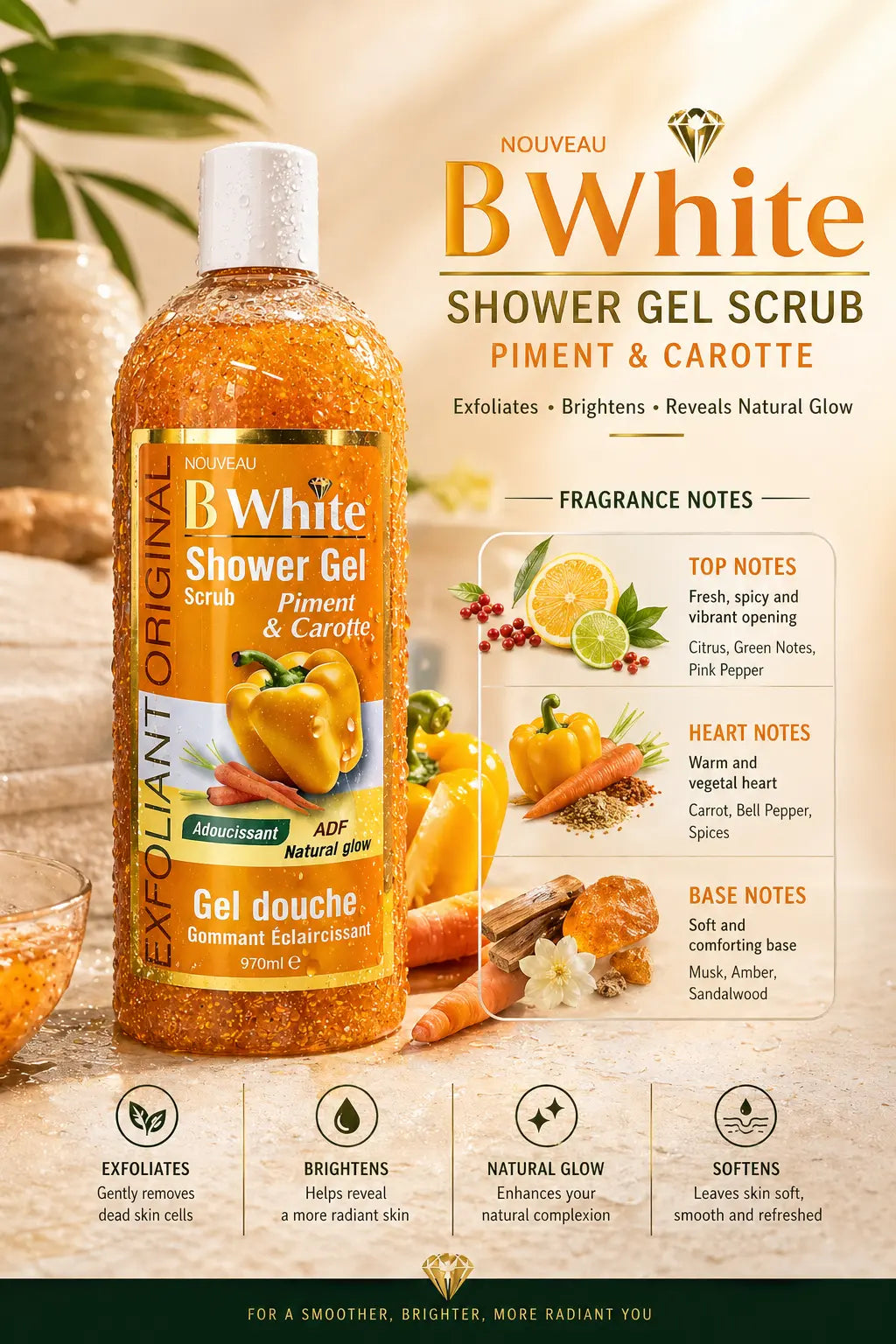 B White Exfoliating Shower Gel Piment & Carotte 1L Krystal Distribution